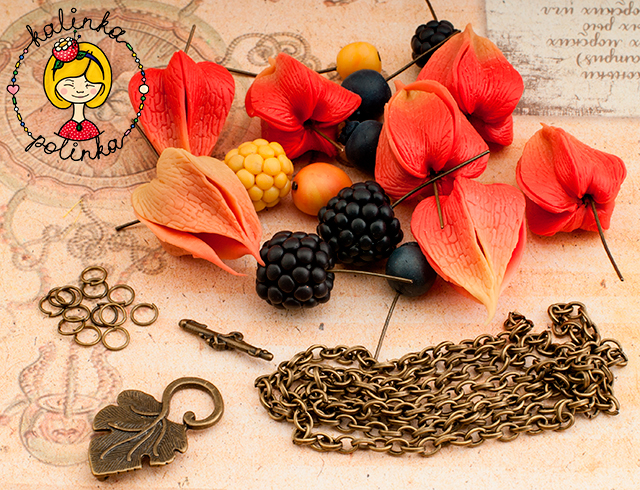 сборка колье с ягодами из полимерной глины