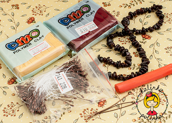 Материалы и инструменты для лепки -тычинки, полимерная глина, штифты, каменная крошка гранат 