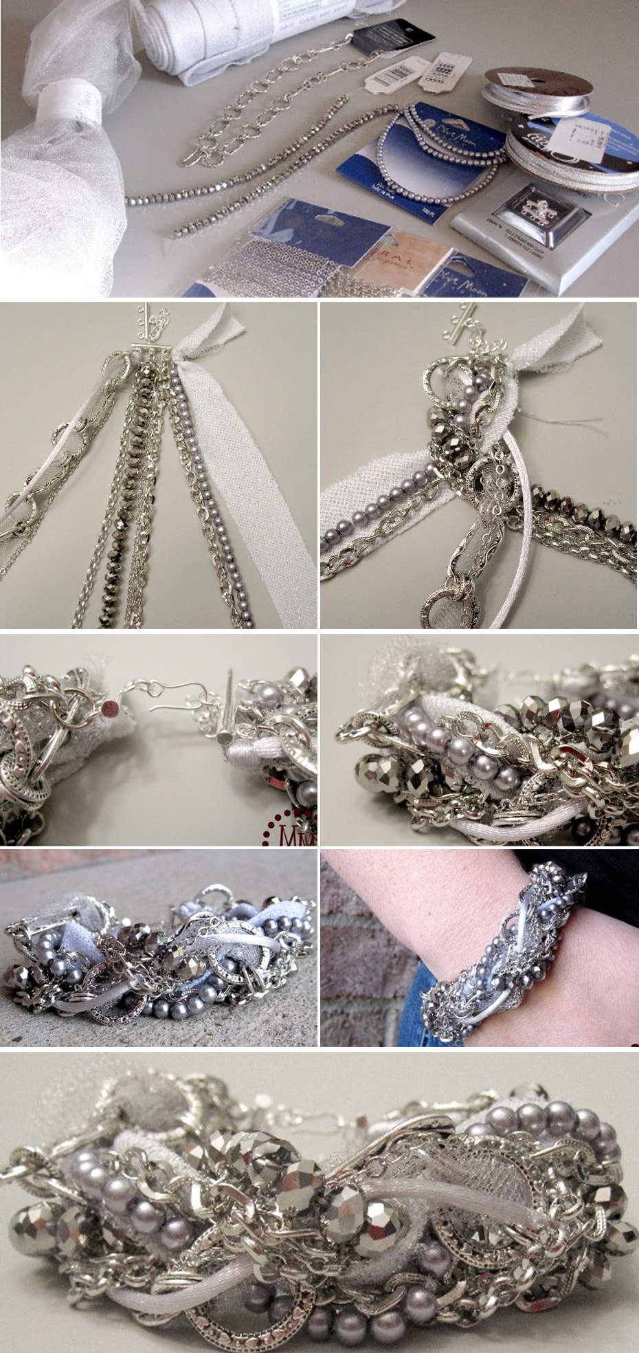 Плетение браслета из цепочек и лент. Ключевые шаги