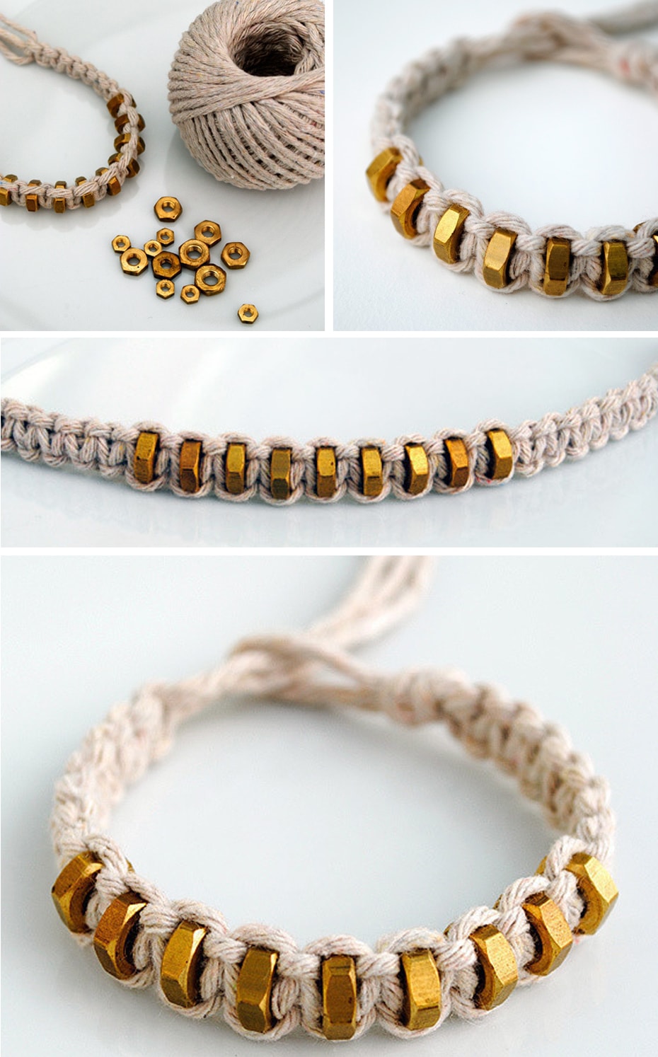 Украшение, сплетенное из шнура и медных гаек