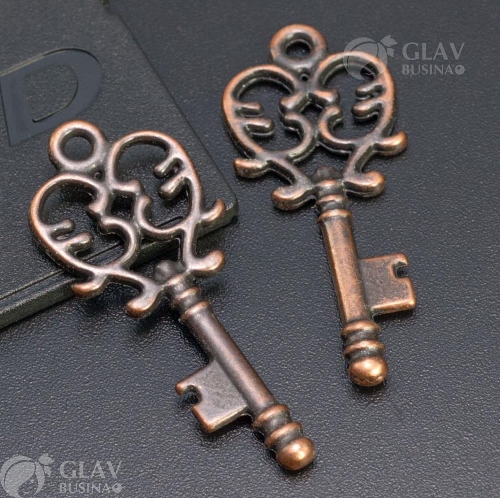 ОПТ (20 шт) Подвеска Ключик, двусторонняя, р-р 33х14х2мм, отв-е 2мм, бижутерный сплав, цвет медь.