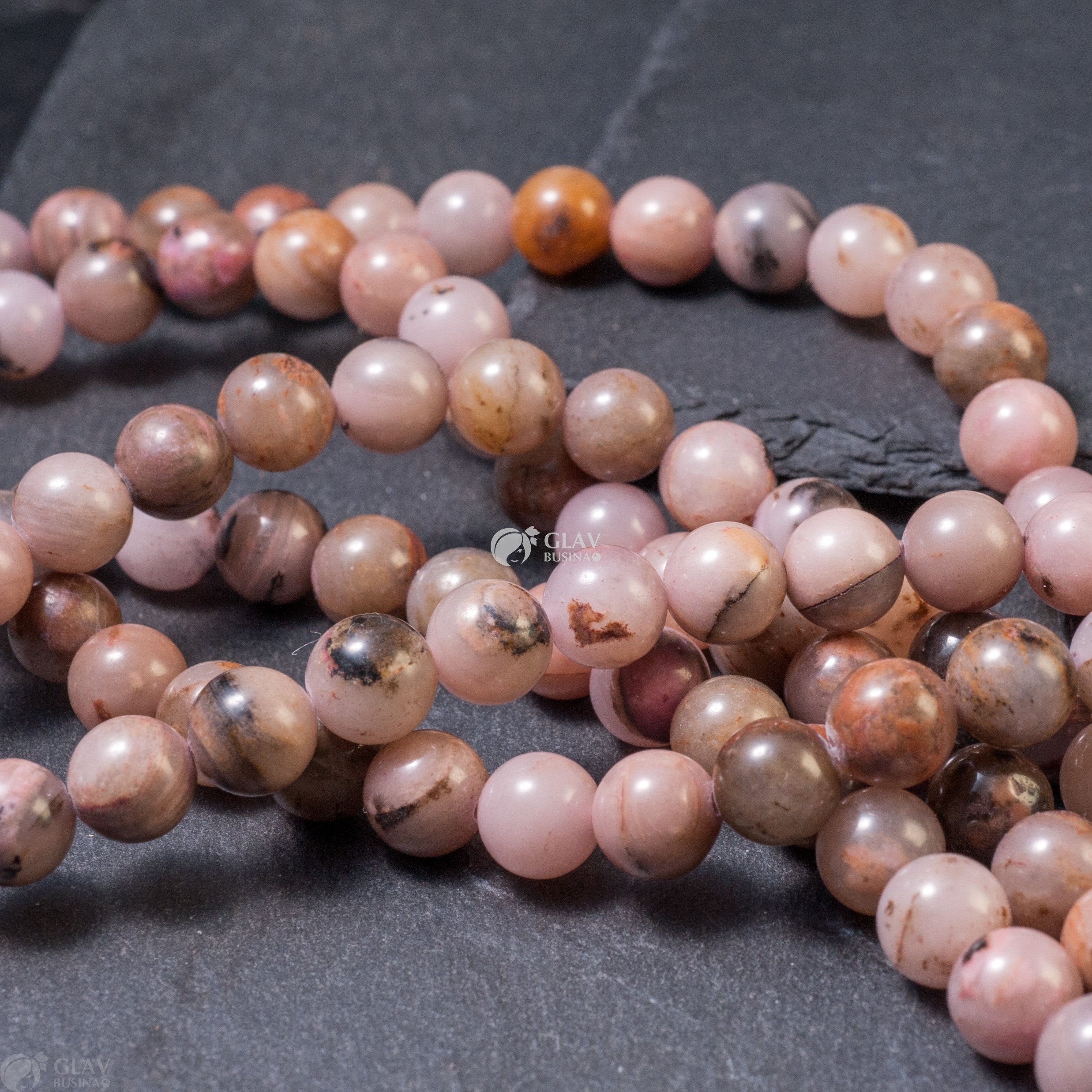 ОПТ (50 ниток) Нитка бусин родонита, диам. 8мм, отв-е 1мм, длина 18 см / 22 бусины.