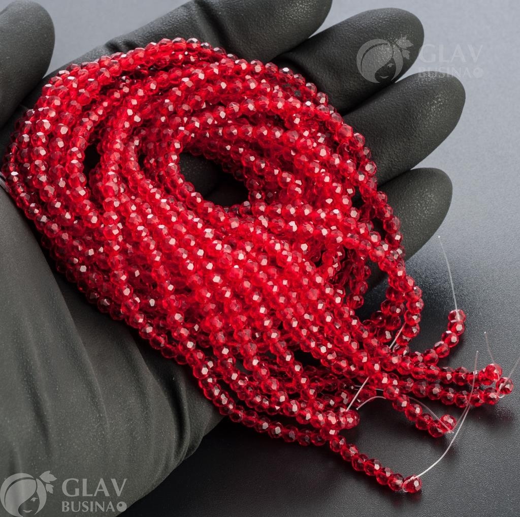 ОПТ (5 ниток) Нитка граненых хрустальных бусин-ронделей, р-р 2.8х3.5мм, длина нитки 37см, бусин около 125шт, рубиновые.