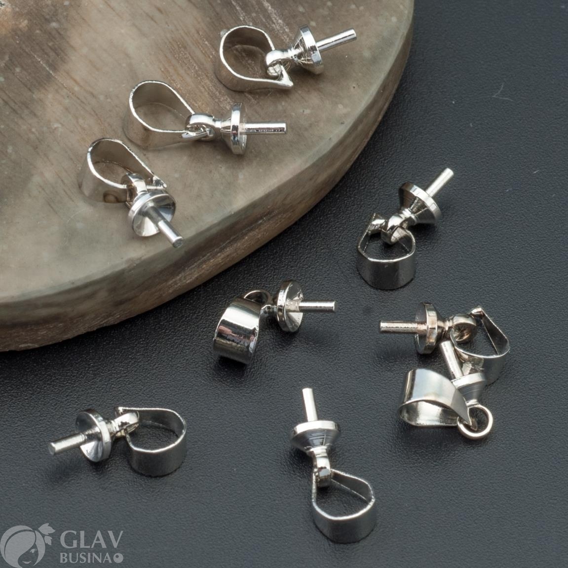 ОПТ (10 шт) Держатели для кулонов штифтовые из латуни с бейлом маленькие, цвет покрытия платина, длина без бейла 7,4мм, шапочка 3,8х0,7мм, штифт 3х0,9мм, отв 1,5мм, бейл 6х3мм.