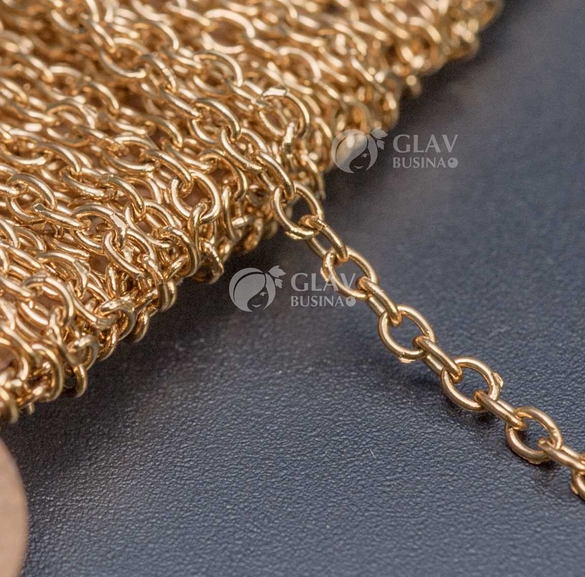 Цепочка 2.6х2х0.5мм, якорная, звенья круглые запаянные, хирургич. сталь, долговечное золотое покрытие, катушка 5 м.