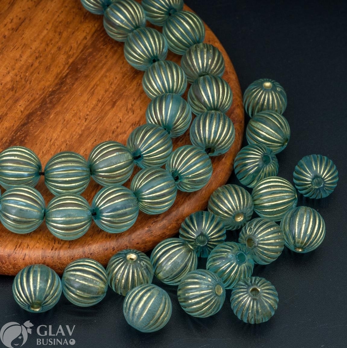 ОПТ (200 бусин) Бусины акриловые прозрачные гофре, цвет бледно-бирюзовый с золотом, 10мм, отв. 1мм.