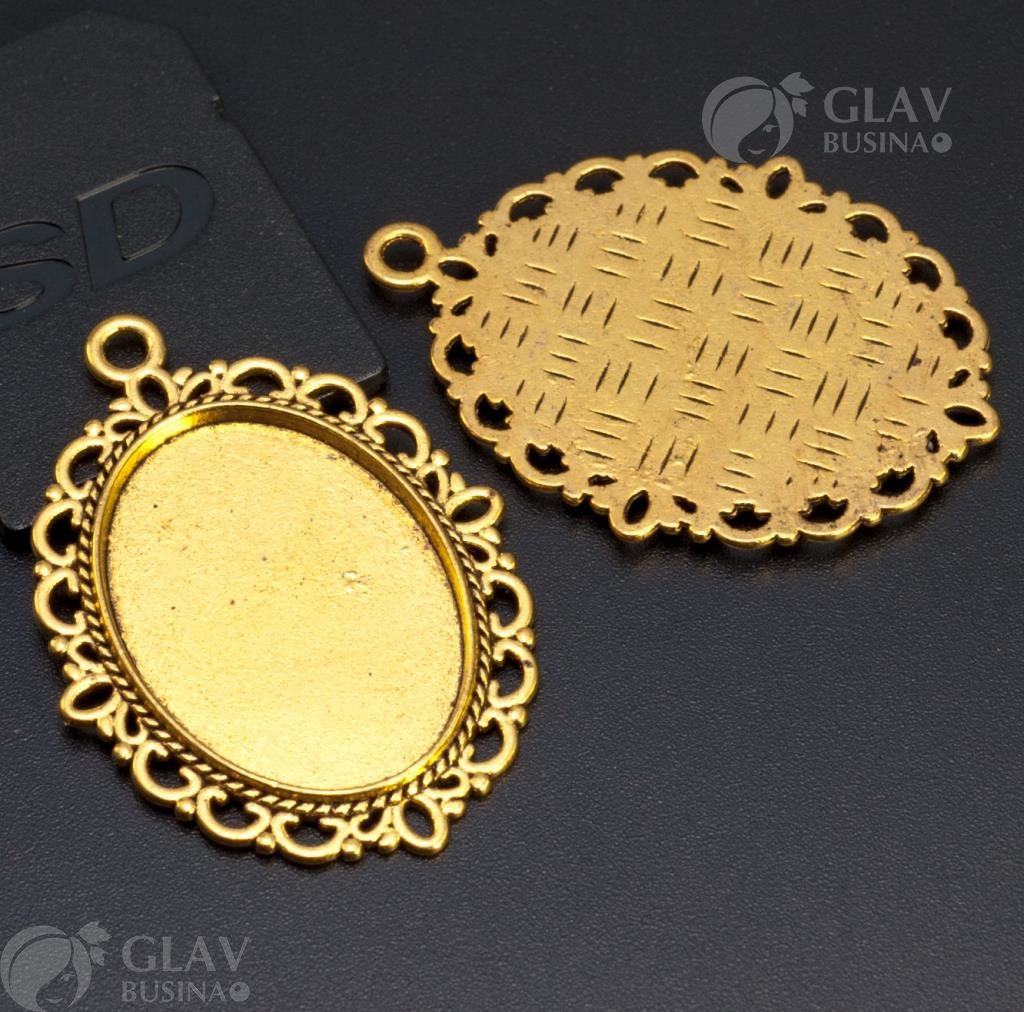 ОПТ (10 шт) Рамка под кабошон 25х18мм, р-р 39х29мм, отв-е 2мм, бижутерный сплав, цвет античное золото.