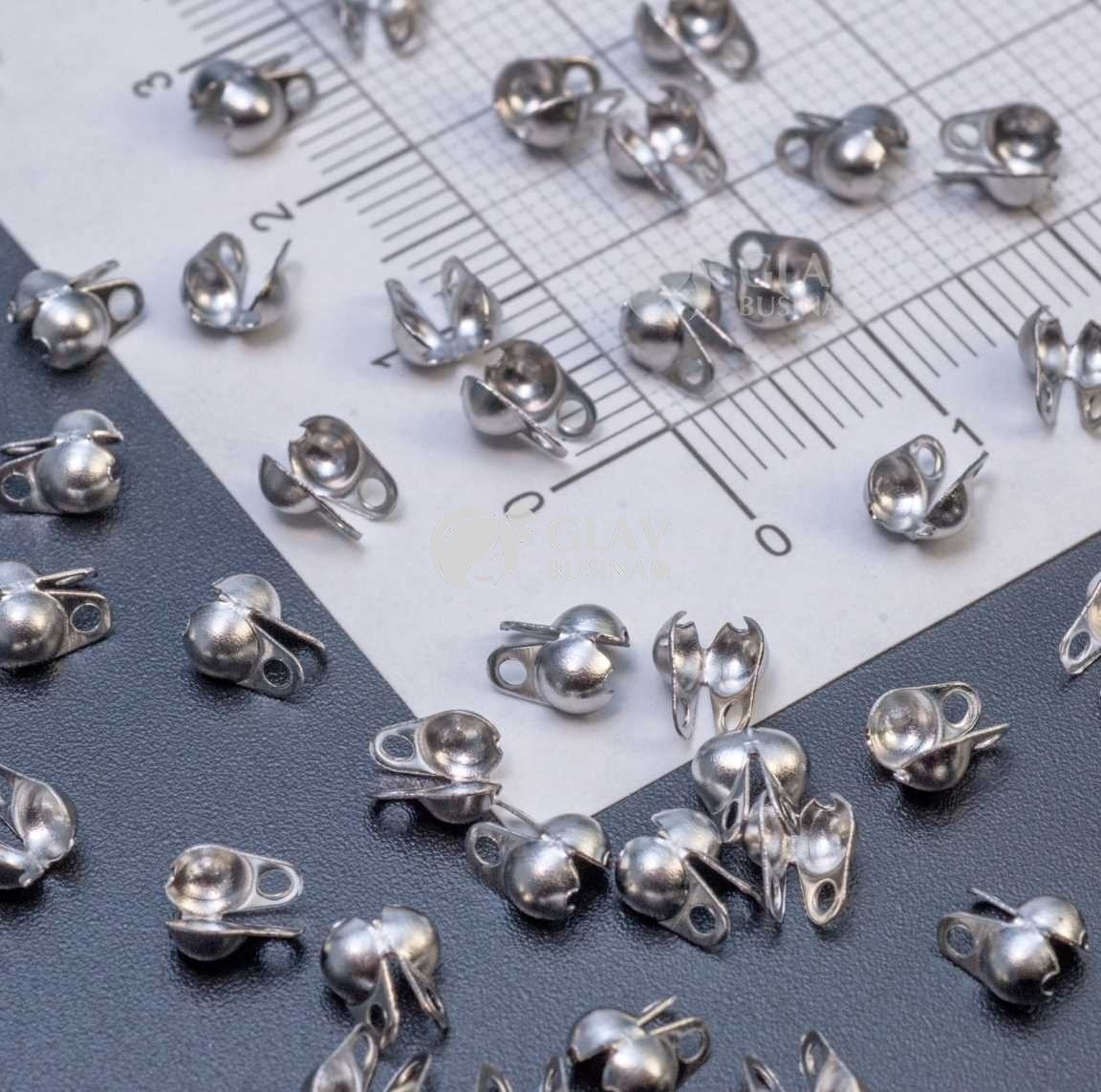 ОПТ (100 шт) Концевик-скуфейка под шарик 2.4 мм, хирургическая сталь, р-р 5.5х3.3 мм, отв-е 1 мм.