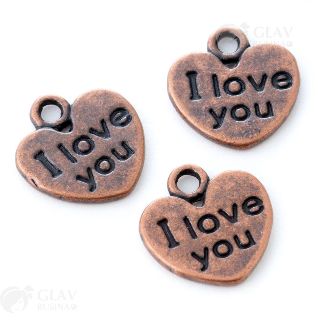 Медный бижутерный концевичок в форме сердца 12х11мм с надписью 'I love you', отверстие 1.6мм, символ любви и романтики.