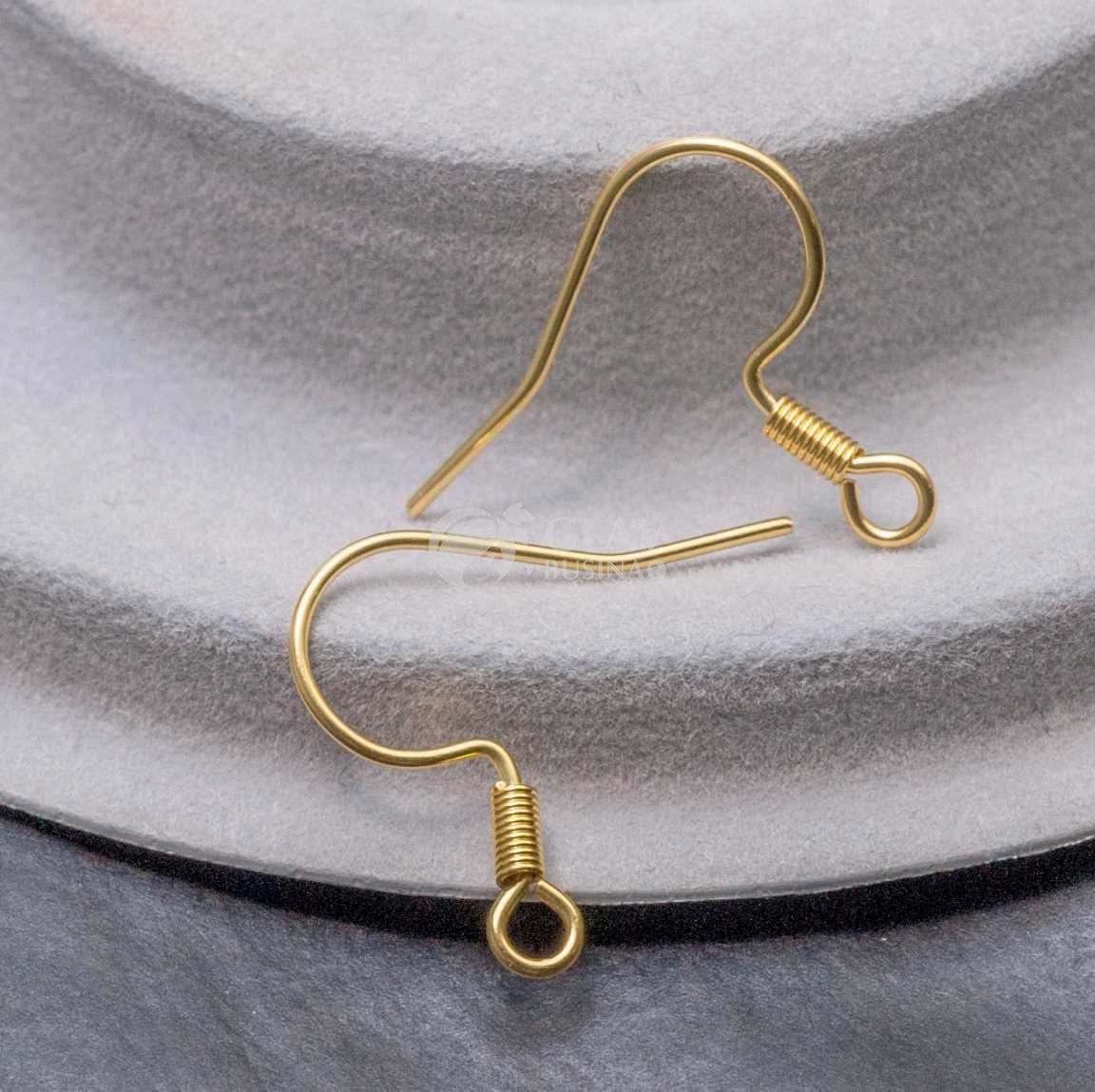 Швензы-крючки с пружинкой, р-р 17х0.7мм, отв-е 2 мм, натуральная позолота 18K, хирургическая сталь.