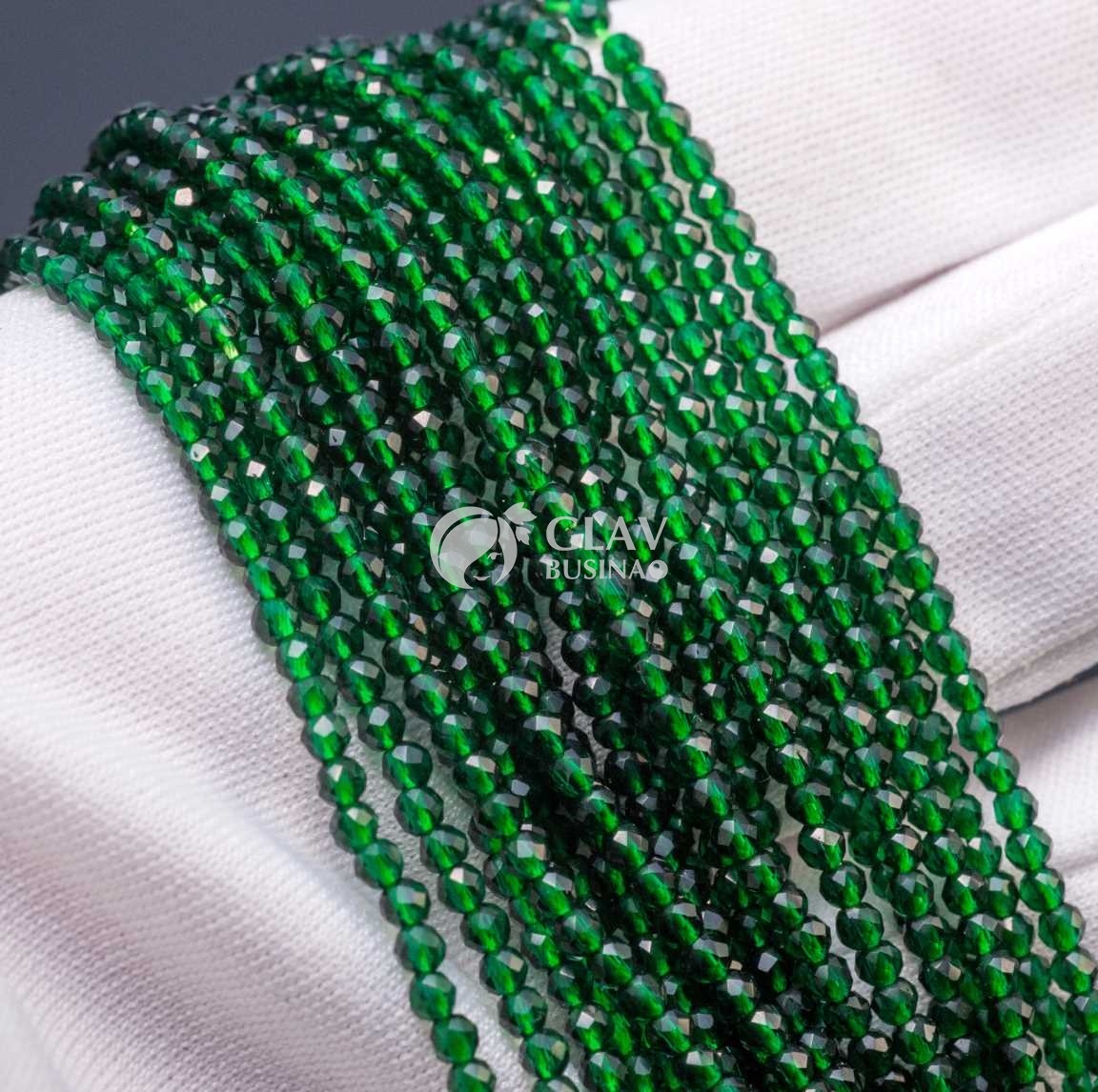 ОПТ (50 ниток) Нитка прозрачных хрустальных бусин на ярко-зеленой нити, цвет изумруд (глубокий зеленый), р-р 2х2мм, отв.0.8мм, ок 36 см / 180 бусин.