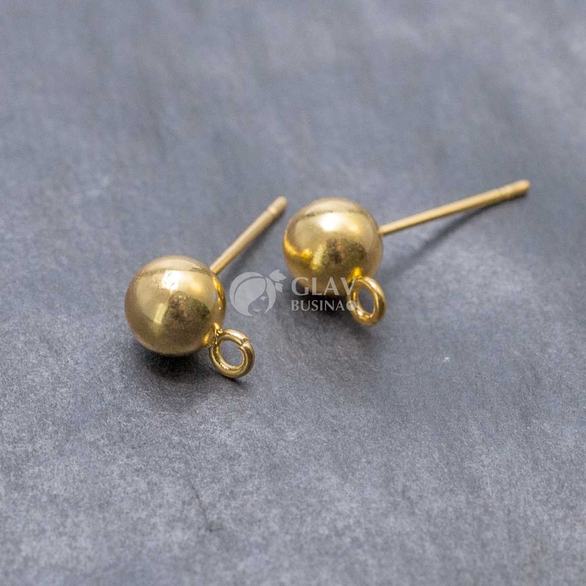 Пуссеты с шариком стальные, натуральная позолота 18K, диам. 6мм,с гвоздиком 12х0.7мм и перпендикулярным разъемным колечком 1.5мм.