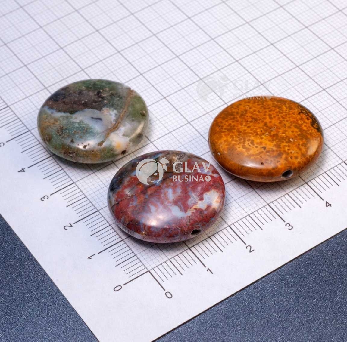 ОПТ (10 бусин) Кружевной агат, бусина плоская круглая с естественными неровностями, р-р 25х9мм, отв. 1,2мм.