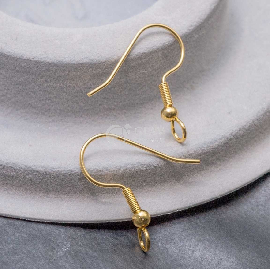 Швензы-крючки стальные с шариком и пружинкой и перпендикульрной петелькой 2.5мм, натуральная позолота 18K, р-р 21х0.7мм.