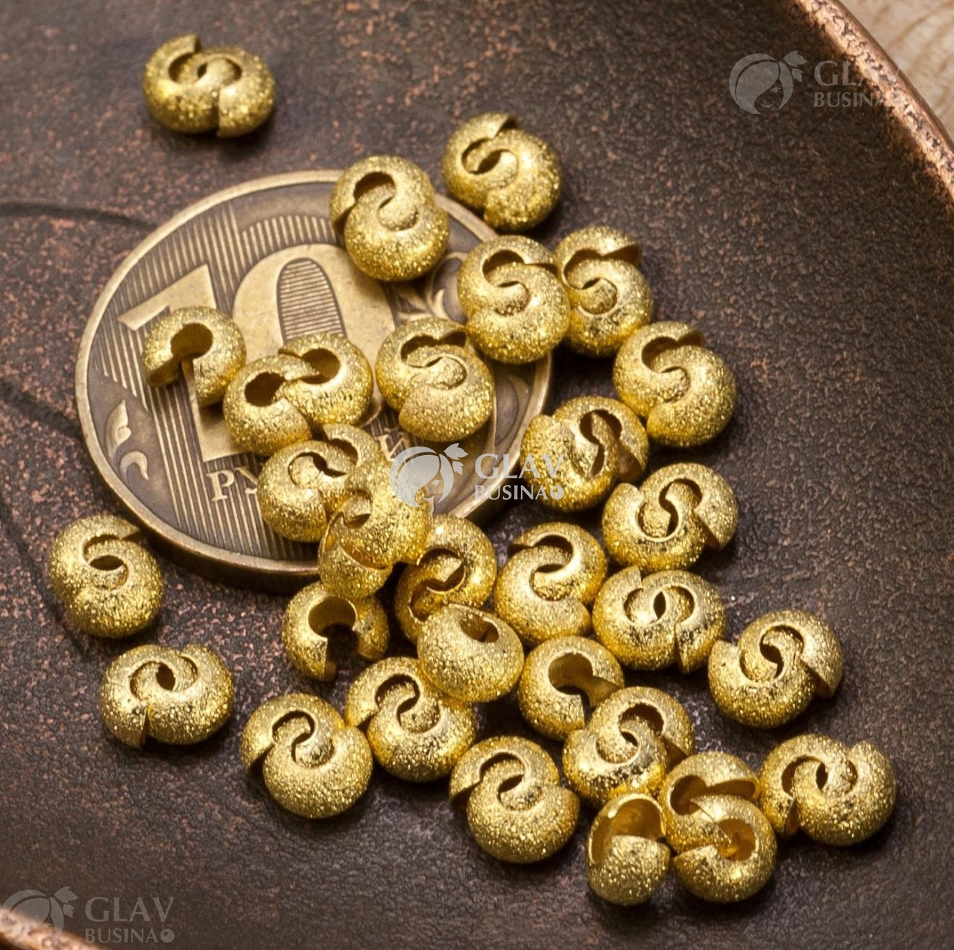 ОПТ (250 шт) Шапочки для кримпов с эффектом звездной пыли (сияния), р-р 4.5х3мм, латунь, цвет желтое золото.