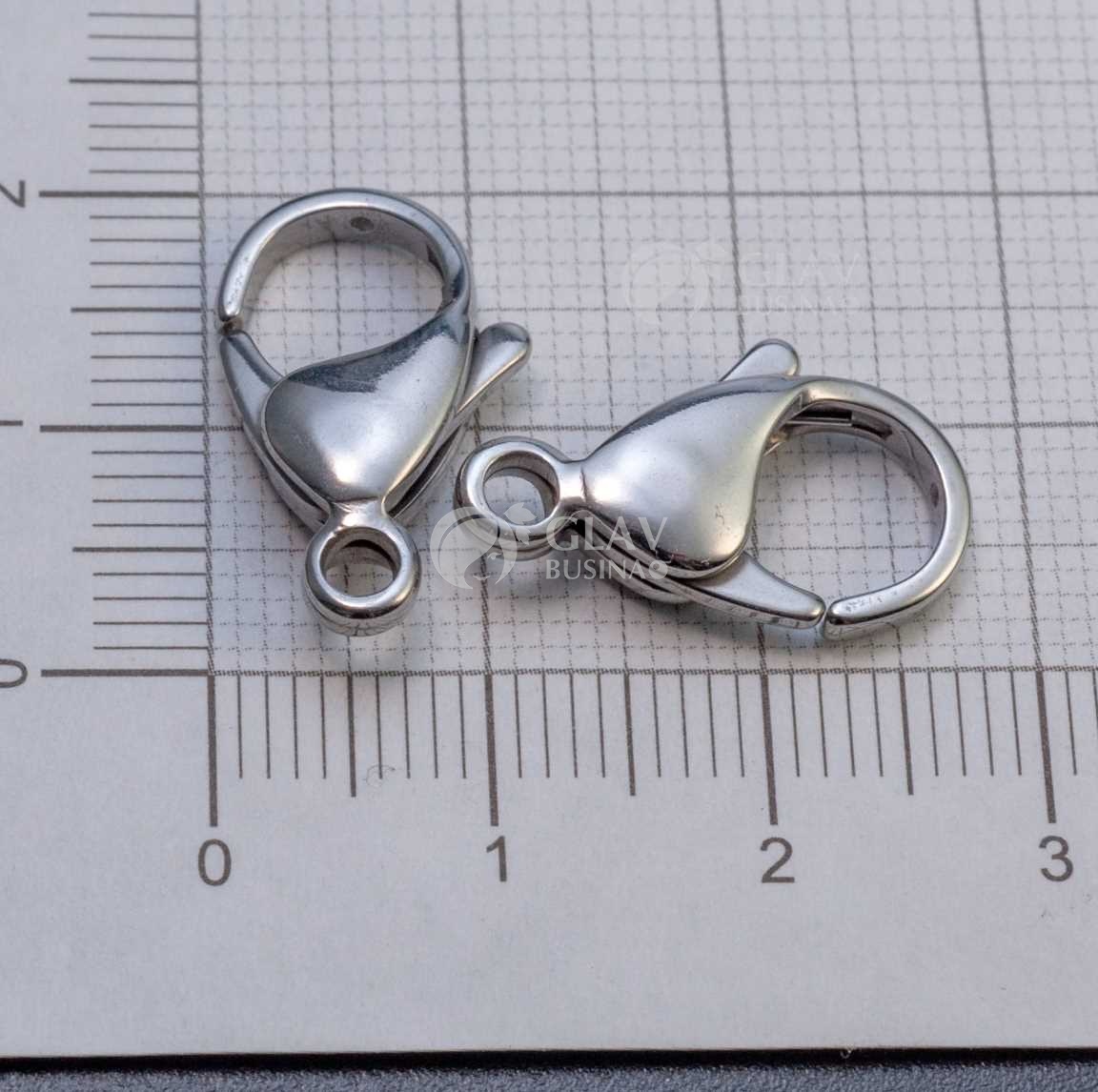 Замок карабин, полированная хирургическая сталь, цвет сталь, р-р 19х12х5 мм, отв-е 2.5 мм.