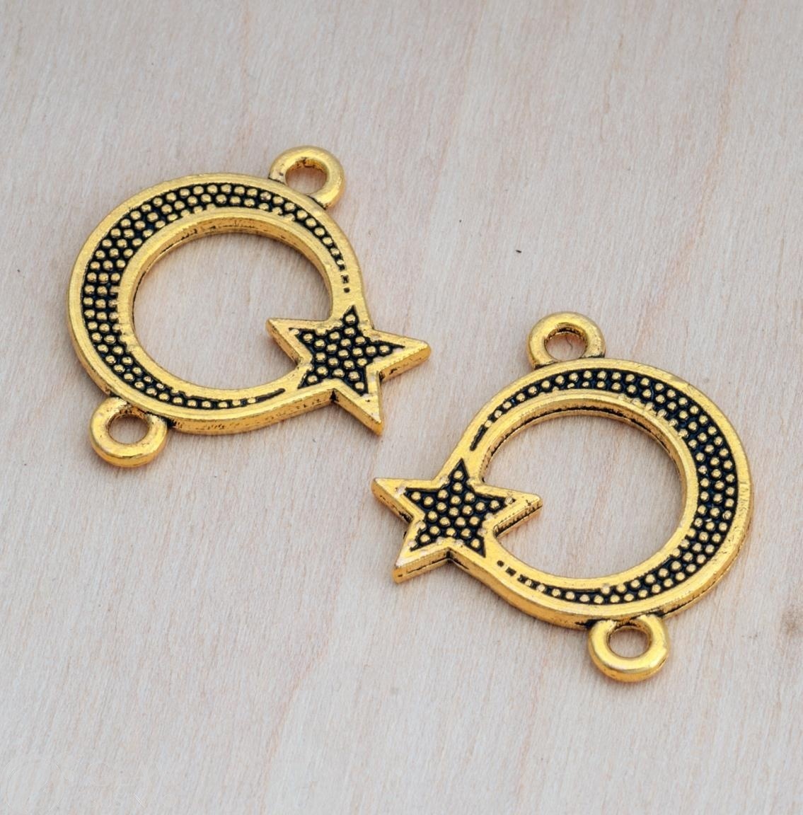 ОПТ (50 шт) Коннектор 1/1 полумесяц со звездой, цвет античное золото, р-р 22х18,5х1,5мм, отв-я 1,8мм, бижутерный сплав.