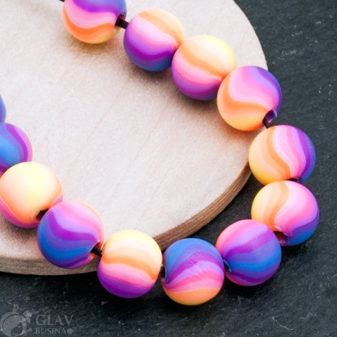 ОПТ (100 бусин) Бусины из полимерной глины, шар, градиент цвета желтый-оранжевый-розовый-сиреневый, диам. 8мм, отв 2мм.