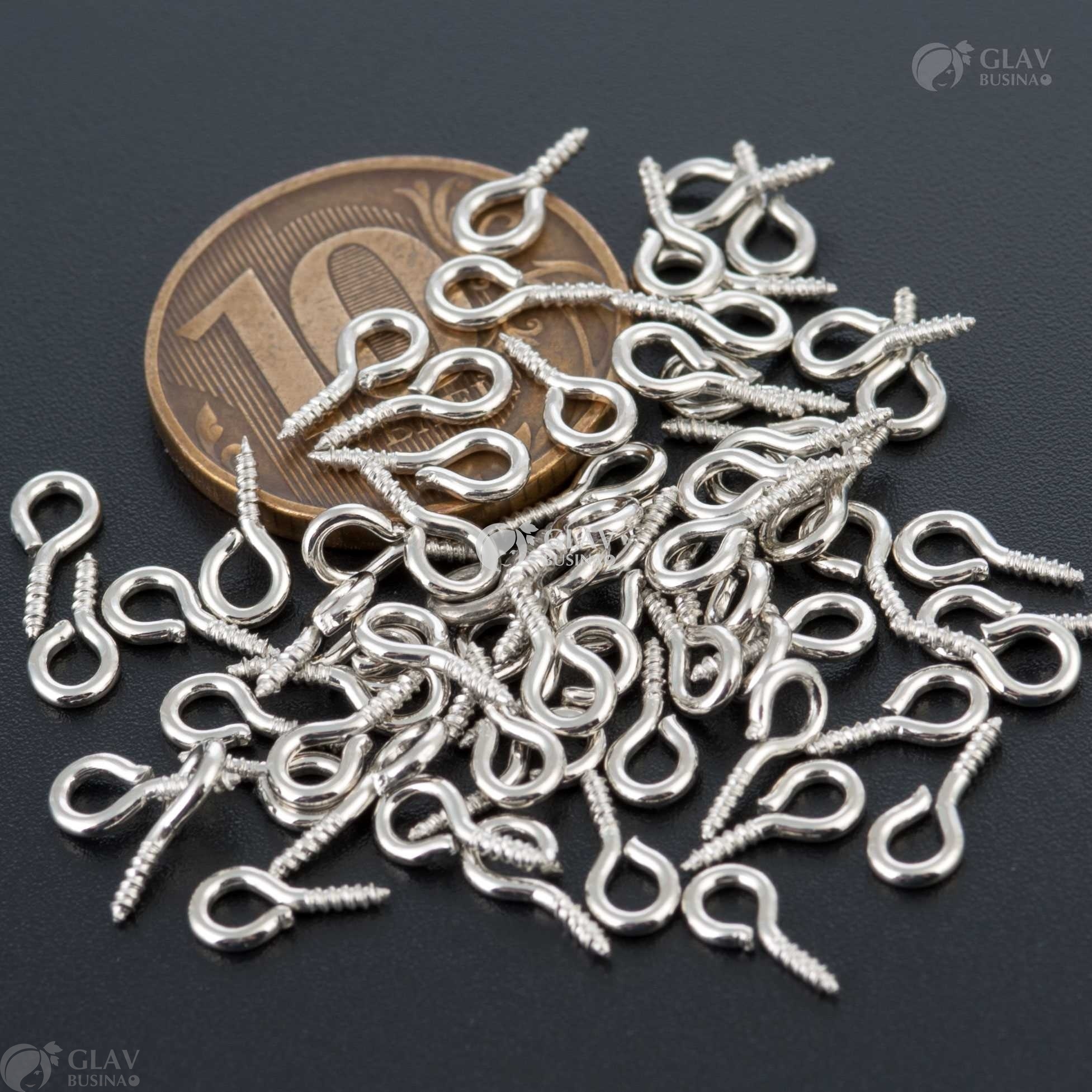 ОПТ (2500 шт) Бейлы (штифты) винтовые, железные, длина 8-9мм, толщина 1мм, отв-е 2мм, цвет платина.