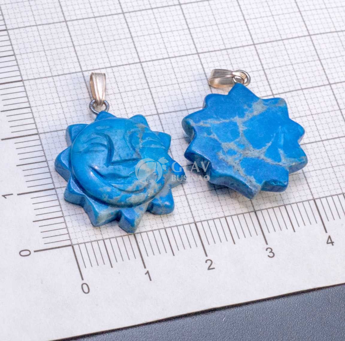 ОПТ (10 шт) Солнышко, подвеска из императорской бирюзы, цвет синий, р-р 24х20х6 мм, бейл 6 мм для шнура до 2мм.