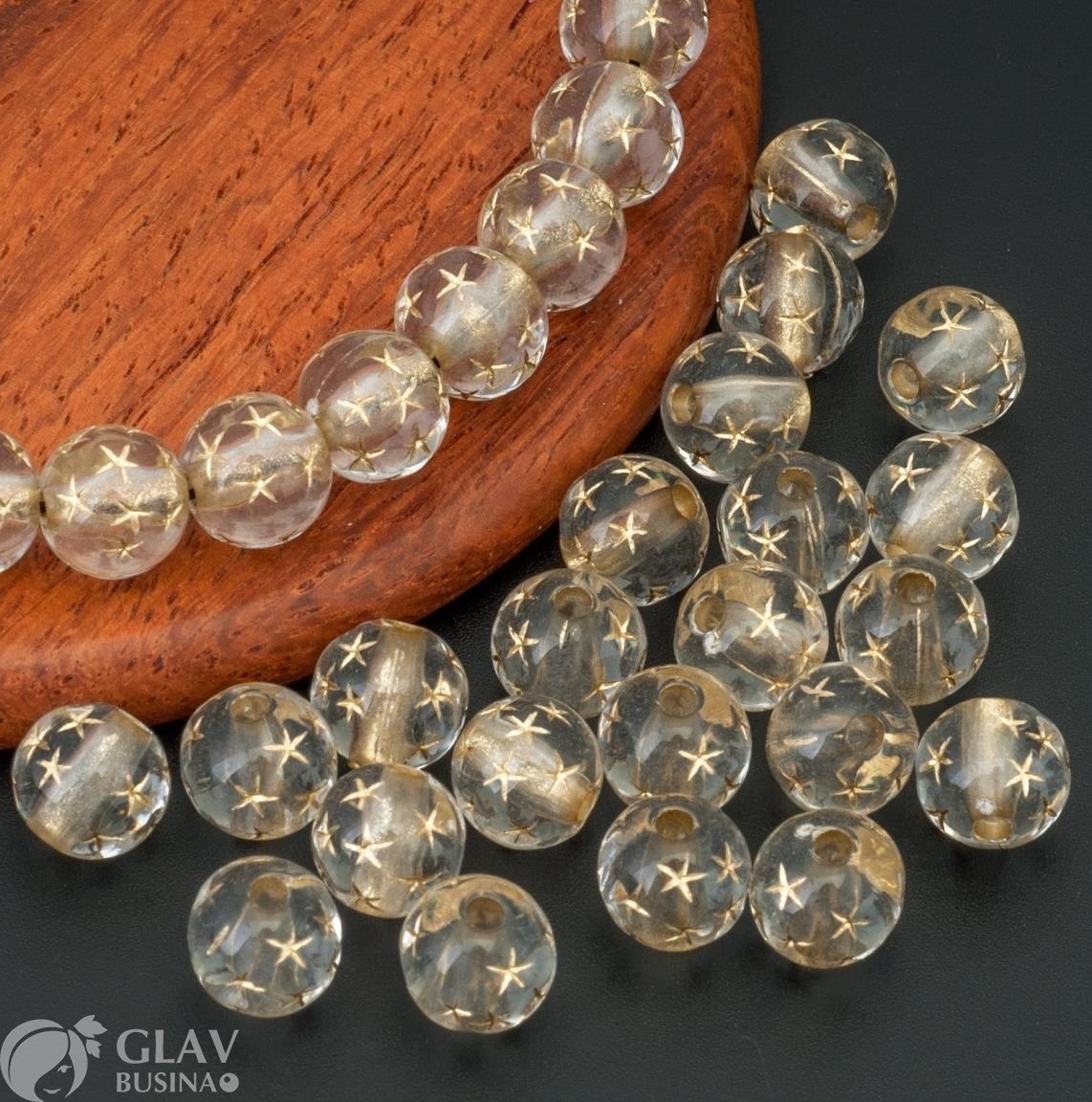 ОПТ (400 бусин) Бусины акриловые прозрачные шарики со звездочками, на прозрачном фоне цвет рисунка золотом, 8мм, отв. 1,5мм.