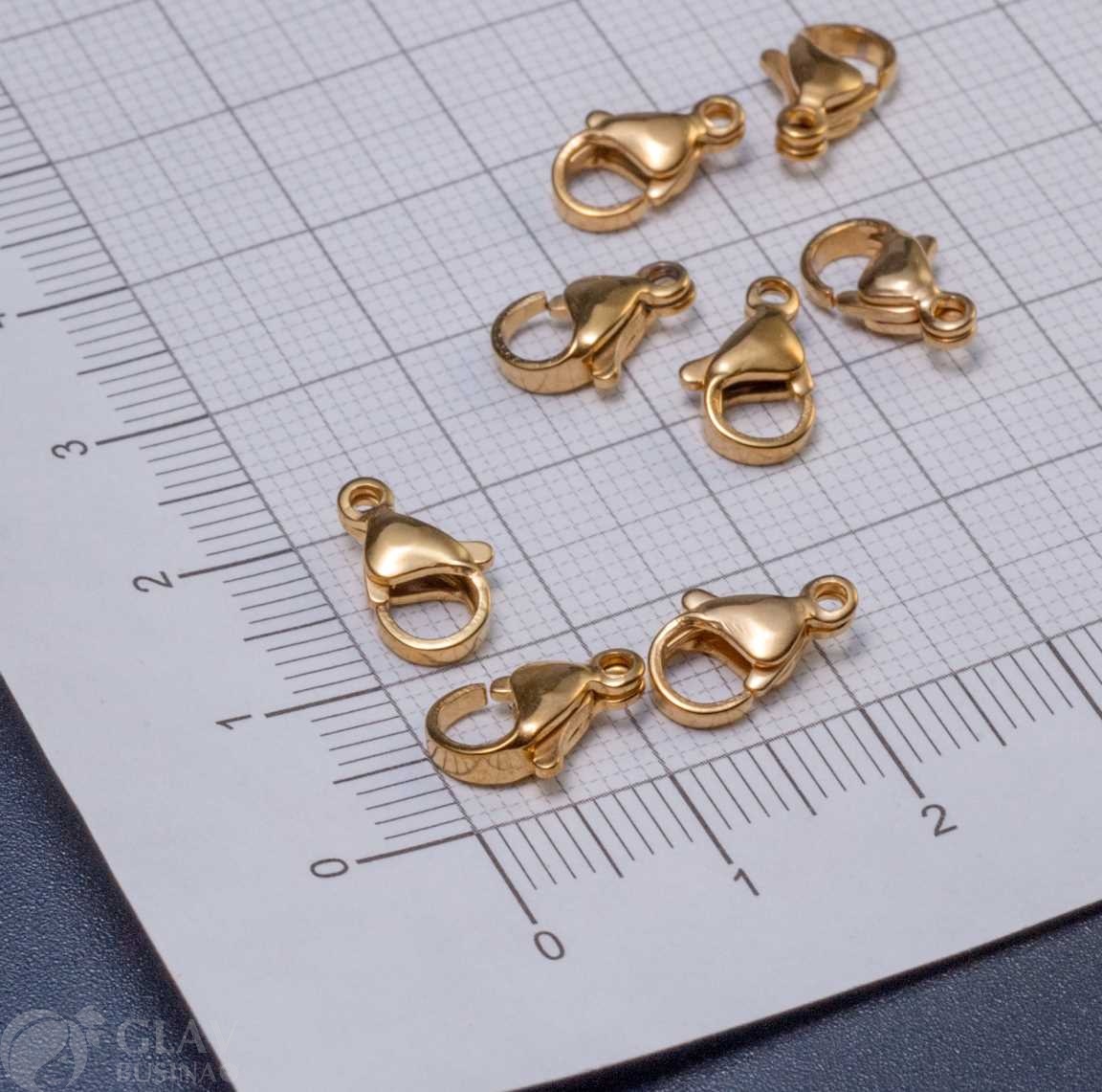 ОПТ (10 шт) Карабин из хирургической стали, р-р 11х7х3.5, отв.1.2мм, долговечное анодирование золотого цвета.