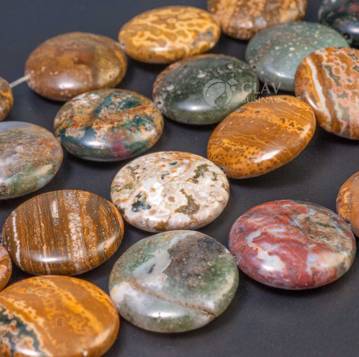 Кружевной агат, бусина плоская круглая с естественными неровностями, р-р 25х9мм, отв. 1,2мм.