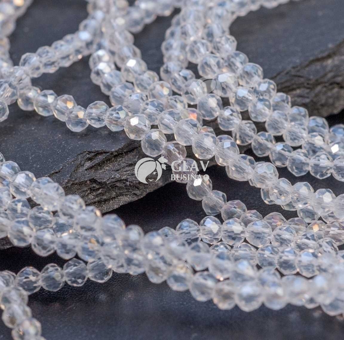 ОПТ (10 ниток) Бусины-рондели граненые стеклянные прозрачные, р-р 2х2.6 мм, нитка 30 см/ 146 бус., бесцветные, АВ покрытие.