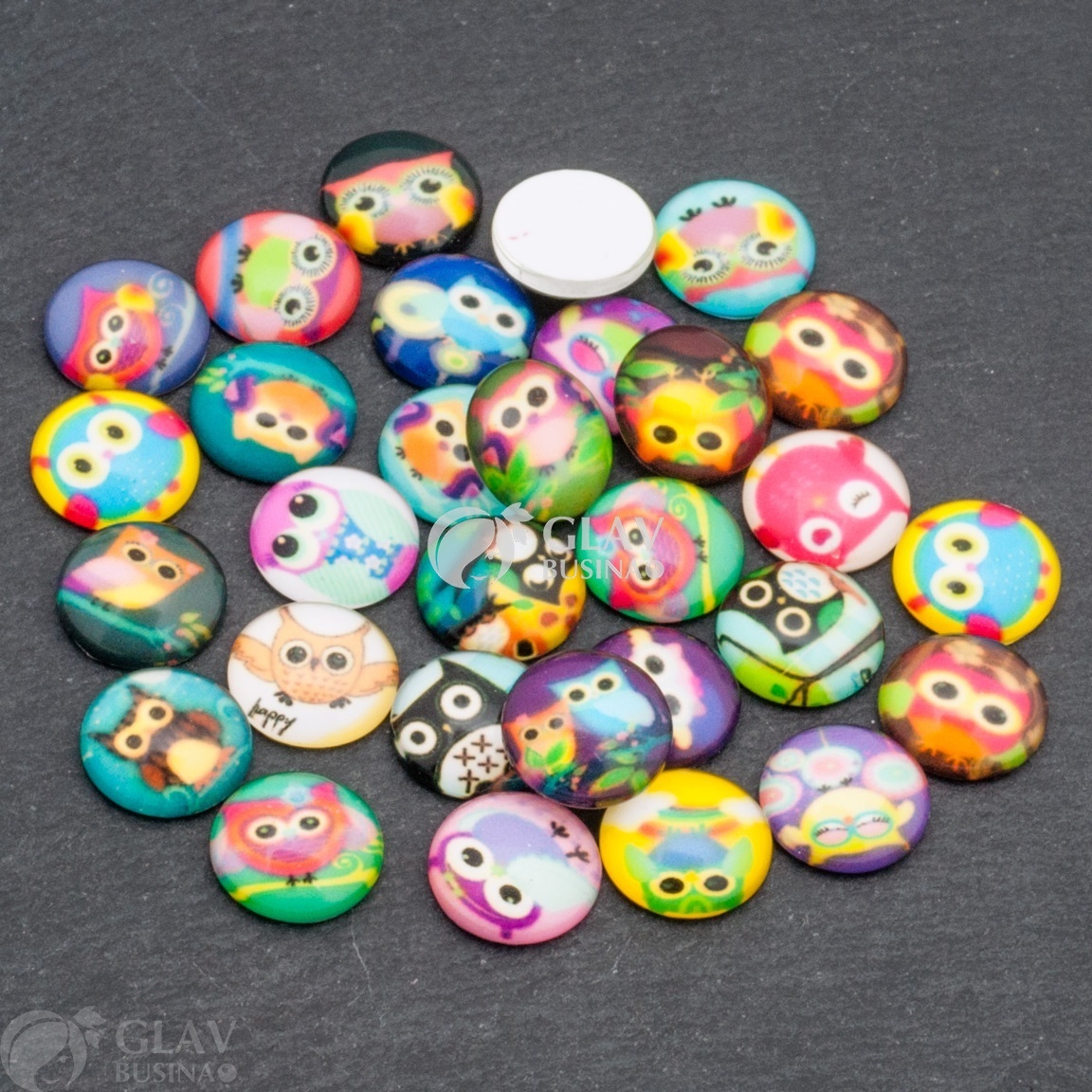ОПТ (100 шт) Микс: стеклянные кабошоны с принтом, Совушки, разноцветные, 14х5мм.