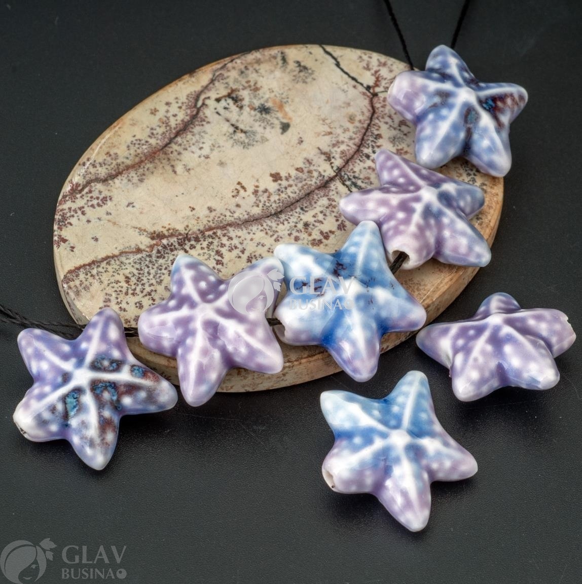 ОПТ (10 бусин) Керамическая бусина-морская звезда ручной работы, цвет лавандовое мороженное с сиропом (сиренево-голубой, сиреневый, бордовый), р-р 20х21х10мм, отв 2мм.