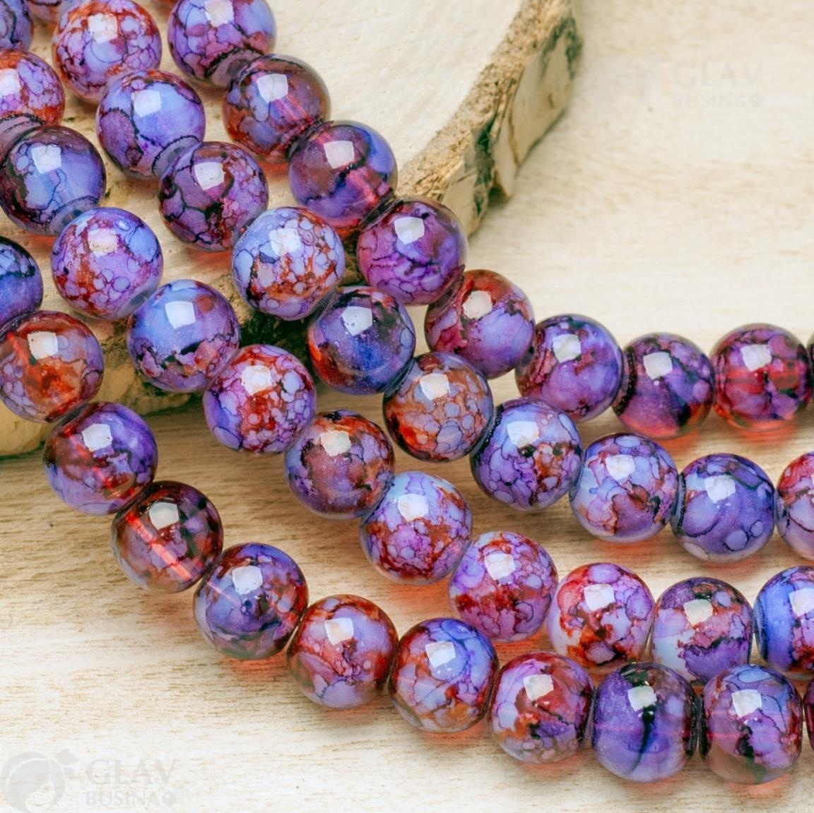 ОПТ (10 ниток) Нитка стеклянных бусин имитация агата,  39 см / 50 бусин, диам. 8 мм, отв-е 1.2мм, окрашенные, сиреневые с красным.