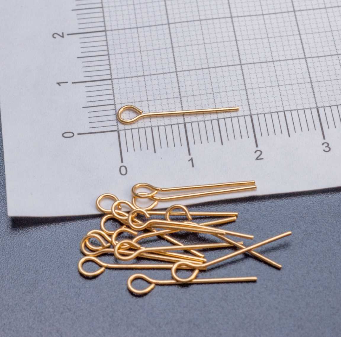 Пины с ушком из хирургической стали, р-р 18х0.6мм, отв-е 2мм, позолота 18K.