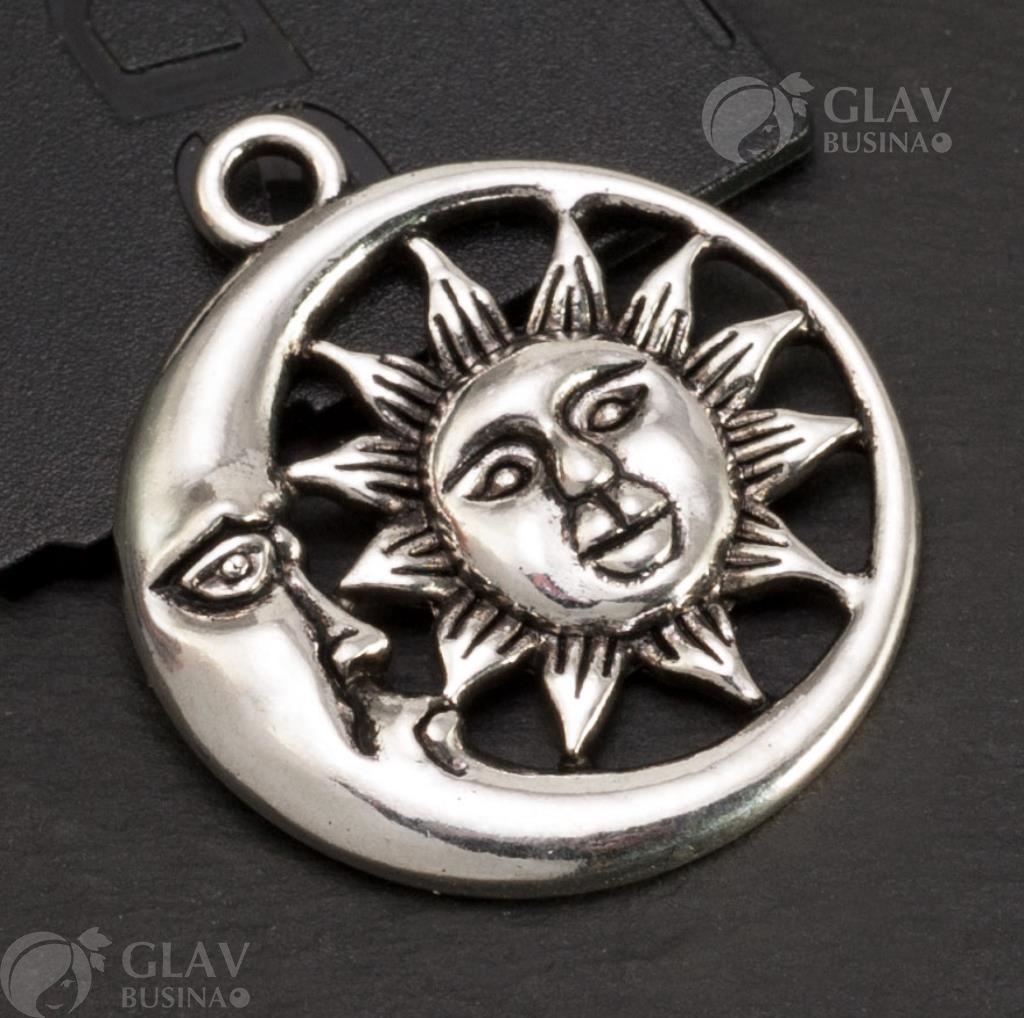Подвеска "Солнце и полумесяц в круге", размеры 30х26.5х3мм, отверстие 2.5мм, бижутерный сплав, цвет черное серебро, символ гармонии и баланса.