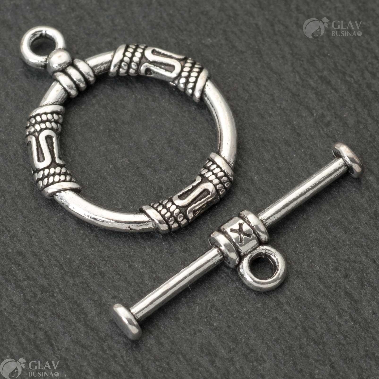 ОПТ (10 шт) Замок тоггл с S-образным узором, кольцо 22х18мм, палочка 25мм, отв-я 2мм, цвет чернёное серебро.