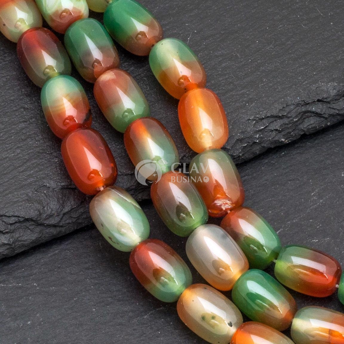 Бусины агата, бочонок, тонированные, цвет зелено-оранжевый, р-р 13х10мм, отв 1,7мм.