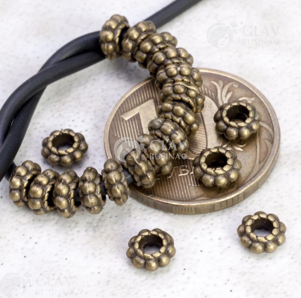 ОПТ (200 бусин) Бусины-спейсеры из бижутерного сплава, р-р 6х3мм, отв-е 2.5мм, цвет бронза.