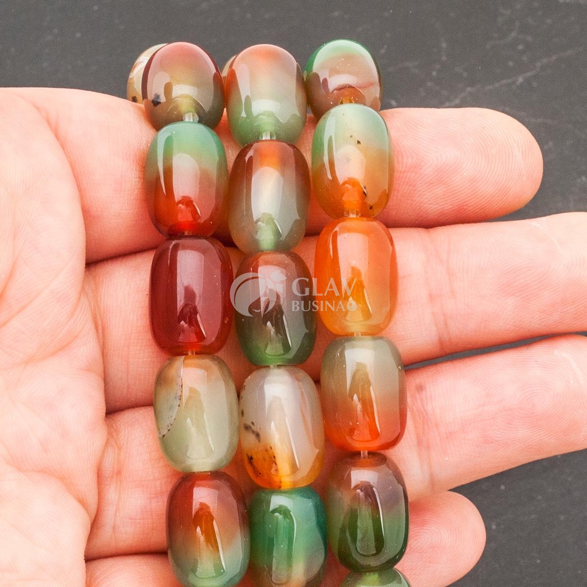 Бусины агата, бочонок, тонированные, цвет зелено-оранжевый, р-р 13х10мм, отв 1,7мм.