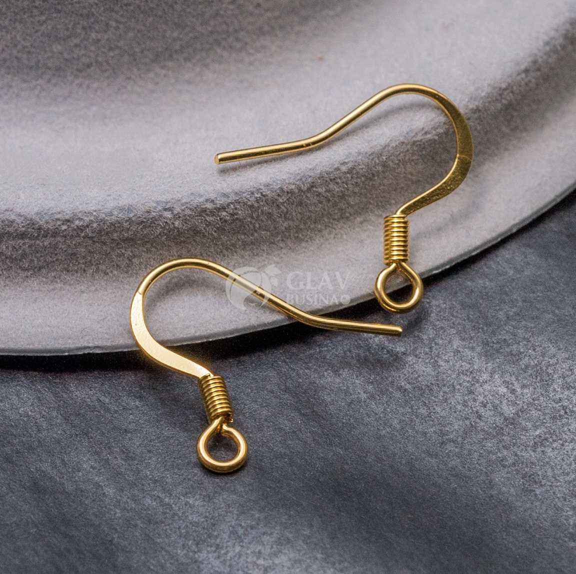 Швензы-крючки с пружинкой и ребром жесткости, натуральная позолота 18K, р-р 15х0.7мм, отв-е петли 1.8мм, хирургическая сталь.