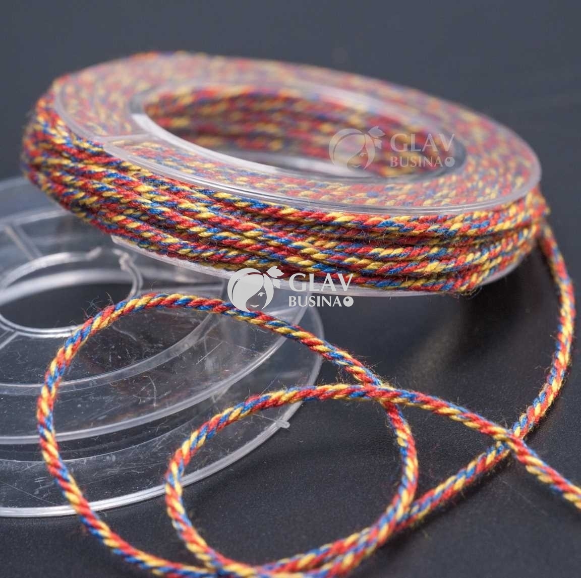 ОПТ (10 кат.) Полиэстровый шнур, текстура хлопка, 1мм, цвет желтый, кирпично-красный и синий, катушка 5м.