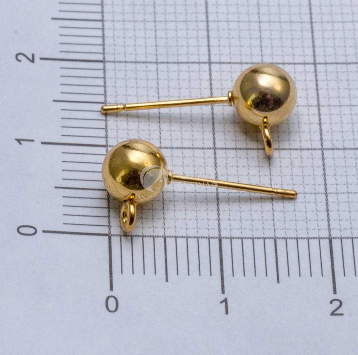 Пуссеты с шариком стальные, натуральная позолота 18K, диам. 6мм,с гвоздиком 12х0.7мм и перпендикулярным разъемным колечком 1.5мм.