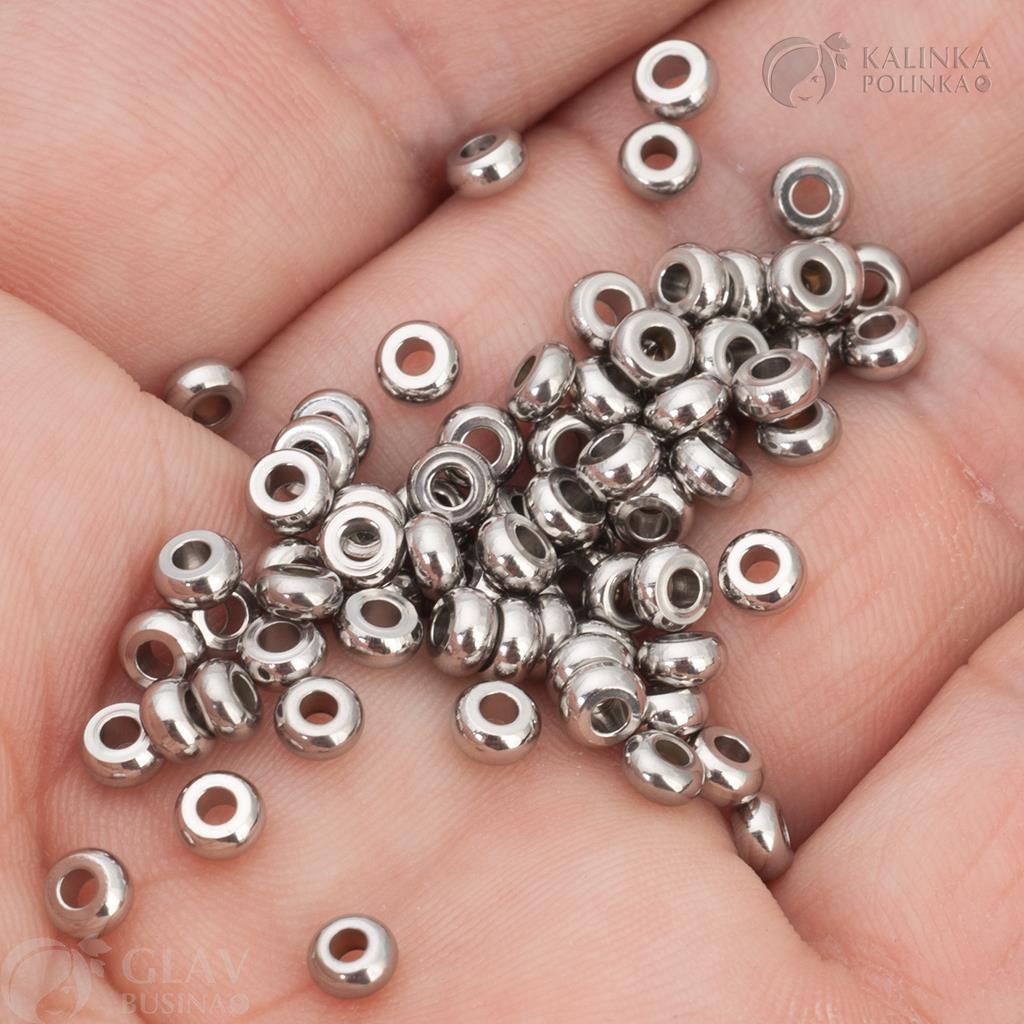 Бусины рондели из хирургической стали, р-р 4х2мм, отв-е 1.5мм.