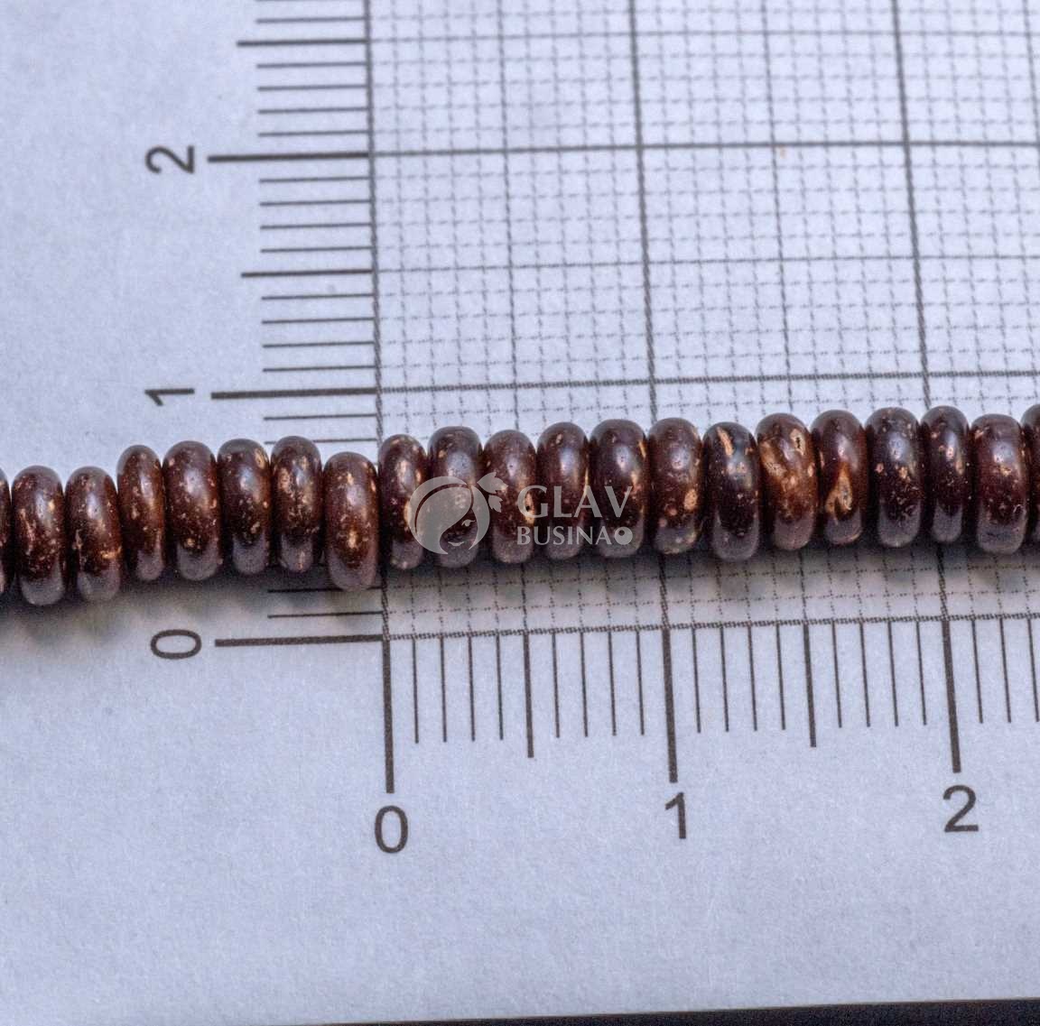 Бусины-хейши из оболочки кокосового ореха, цвет коричневый, р-р 5х2мм, отв-е 1,5мм.