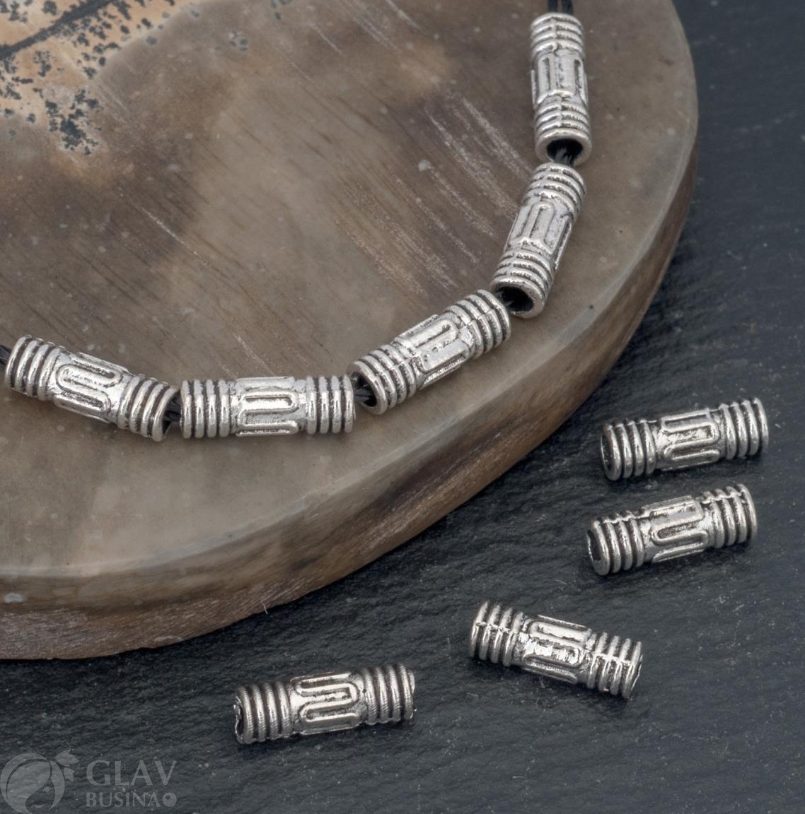 Бусины-трубочки, с полосочками, бижутерный  сплав, 8х3мм, отв. 1,5мм, цвет античное серебро.