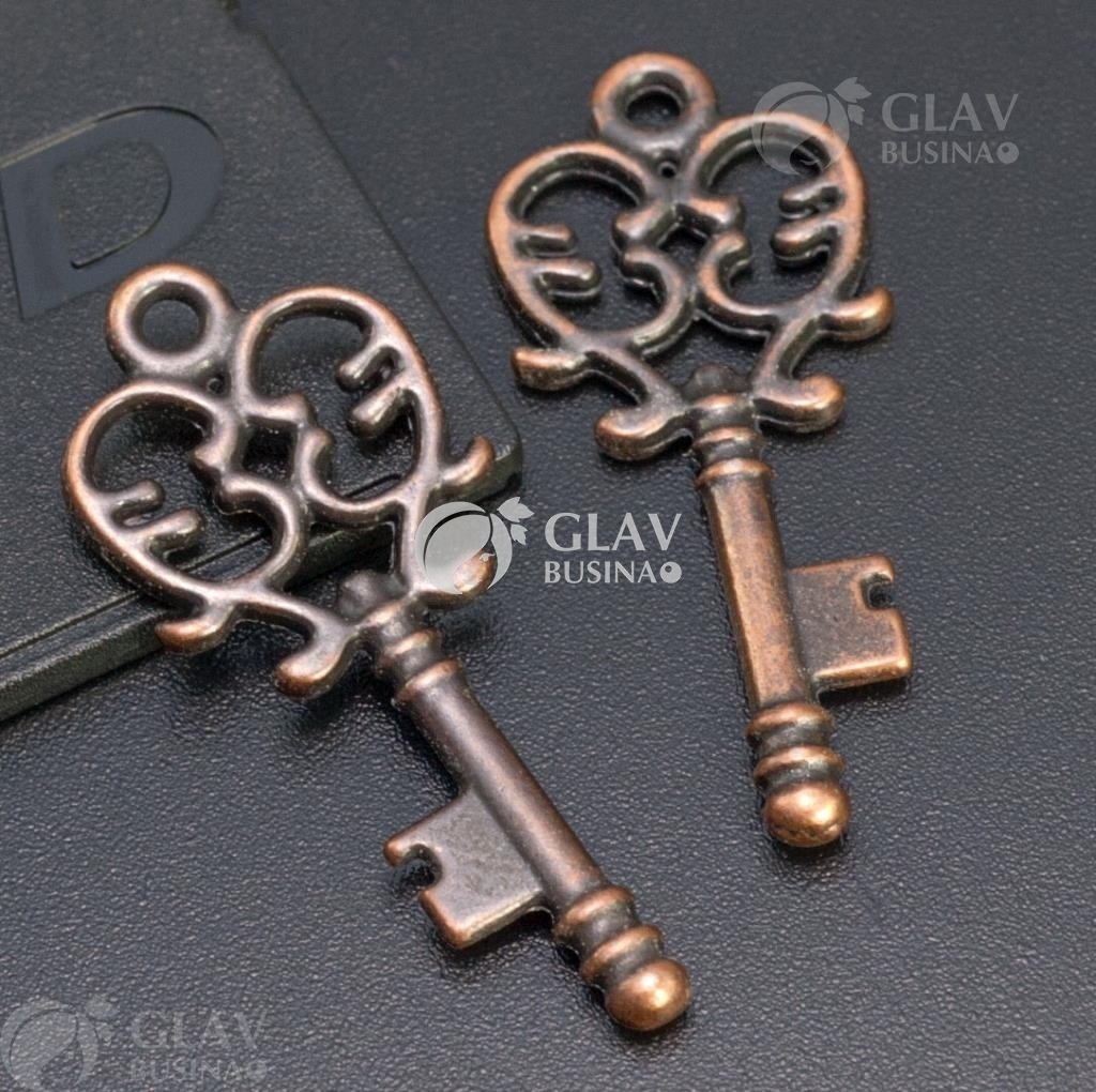 ОПТ (100 шт) Подвеска Ключик, двусторонняя, р-р 33х14х2мм, отв-е 2мм, бижутерный сплав, цвет медь.