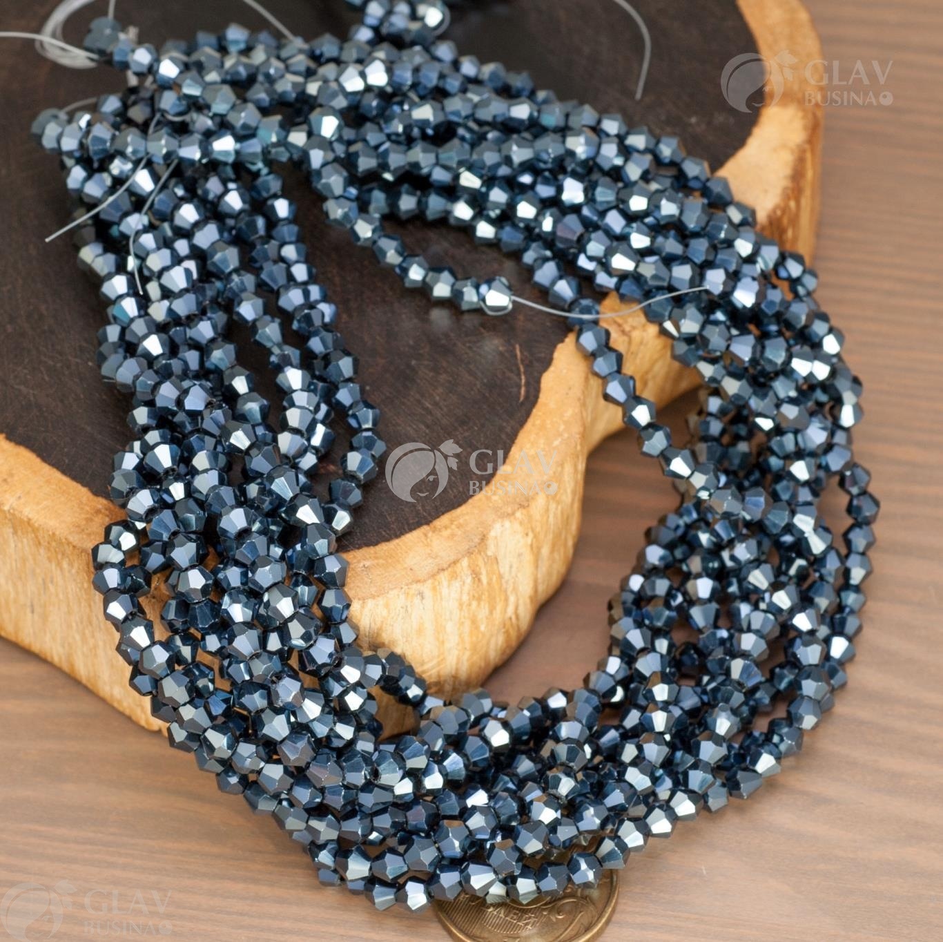 ОПТ (50 ниток) Нитка стеклянных бусин-биконусов: 85 бусин / 32 см, р-р 4.5х4мм, отв-е 1мм, непрозрачные, цвет гематит.
