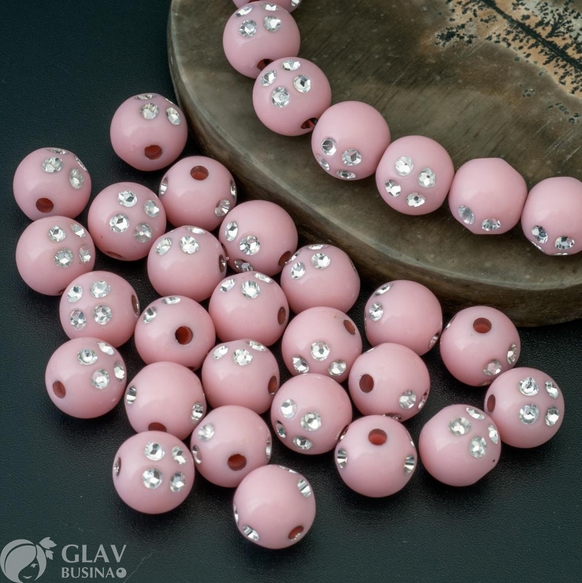 ОПТ (500 бусин) Бусины акриловые не прозрачные шарики с имитацией 8 страз , цвет светло-розовые с серебром, 8мм, отв. 1,5мм.