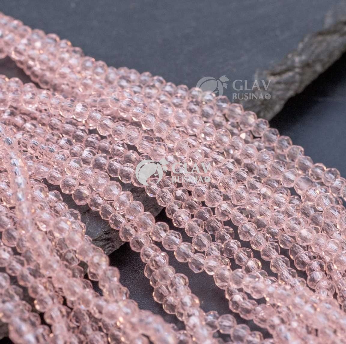 ОПТ (10 ниток) Бусины-рондели граненые стеклянные прозрачные, р-р 2х2.7 мм, нитка 30 см/ 150 бус., цвет светлый розовый.