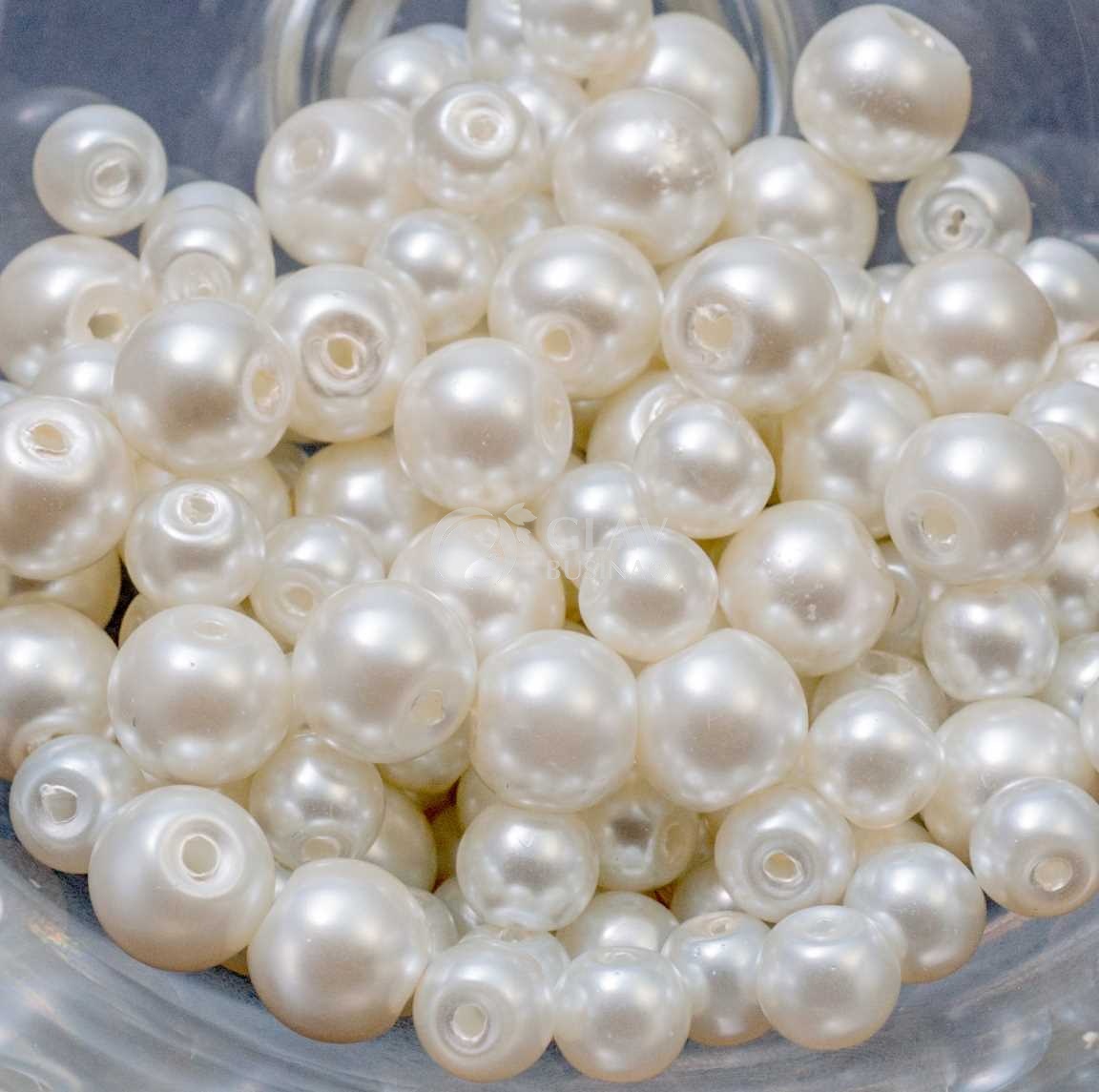 Микс: 50 гр. бусин стеклянного жемчуга светло-бежевого цвета. Размеры от 4 до 10 мм.