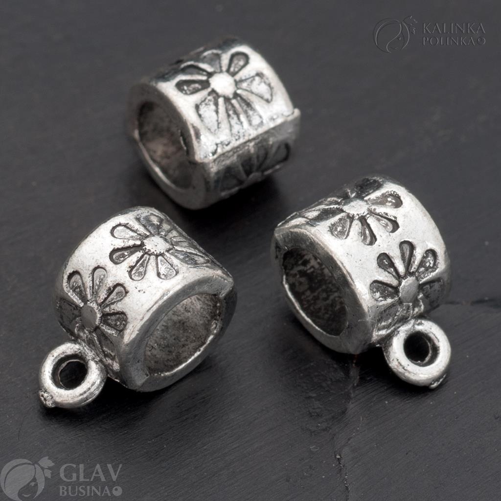 Держатель для кулона (бейл) цветочный для шнура до 4.5мм, р-р 11х6мм, отв-е 2мм, бижутерный сплав, цвет черненое серебро.