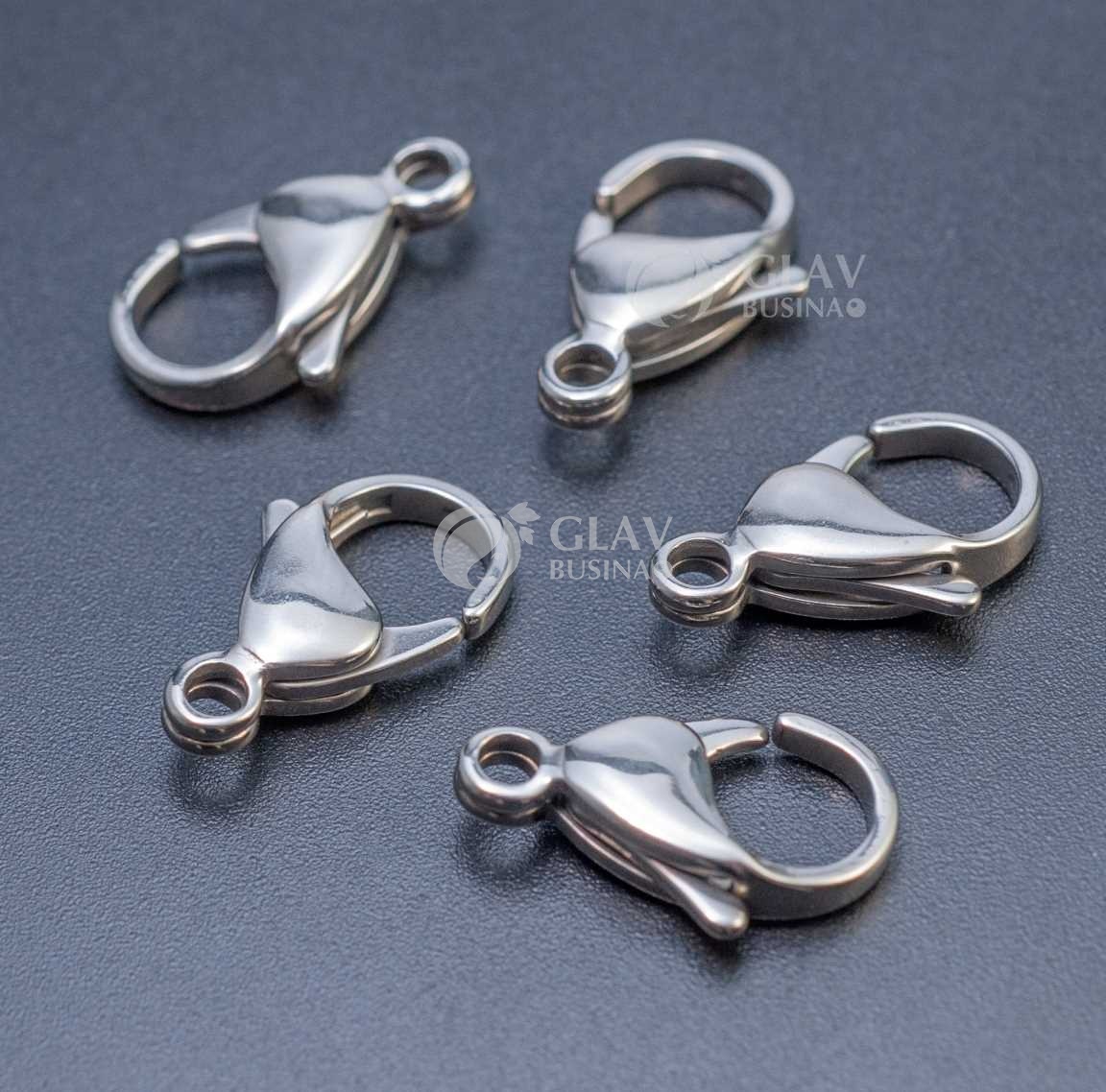 Замок карабин, полированная хирургическая сталь, цвет сталь, р-р 19х12х5 мм, отв-е 2.5 мм.